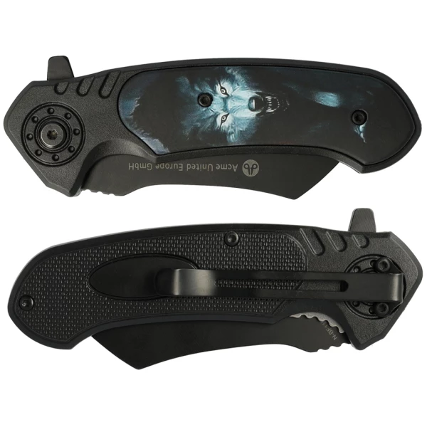 Clauss Klappmesser mit Tiermotiv Wolf, Klingenlänge: 85 mm 4 Clauss Klappmesser mit Tiermotiv Wolf, 85 mm Klingenlänge, ideal für Outdoor-Abenteuer und elegante Geschenke für Naturfreunde.