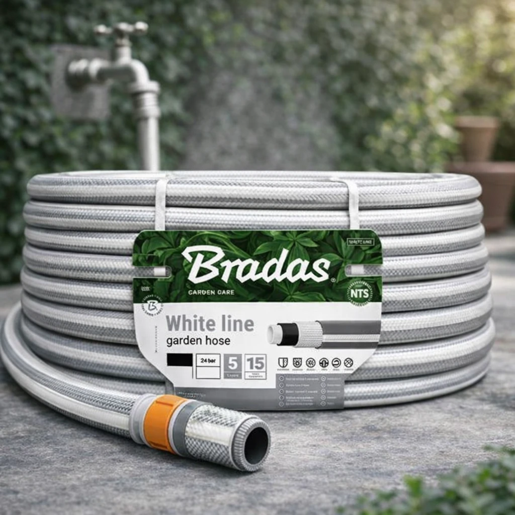 Bradas Gartenschlauch WHITE LINE, 3/4 Zoll, silber-weiß, 30 m lang, langlebig und UV-beständig, ideal für anspruchsvolle Gärten.