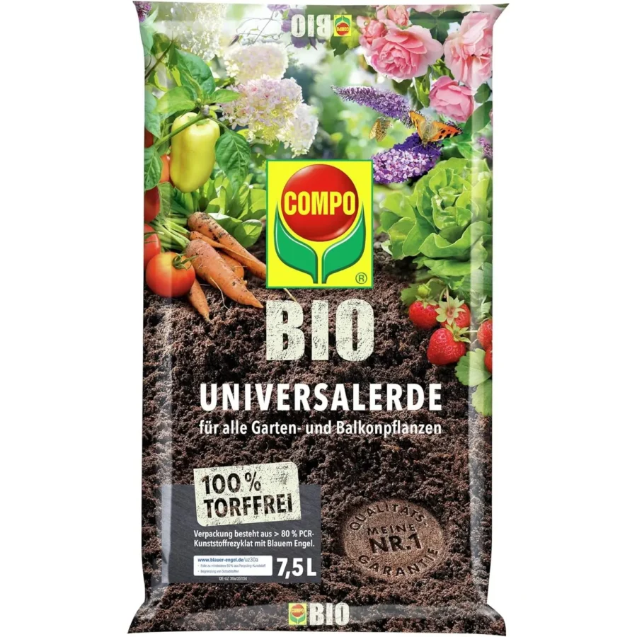 COMPO BIO Universal-Erde torffrei, 7,5 Liter, ideal für gesundes Pflanzenwachstum und umweltfreundliches Gärtnern.