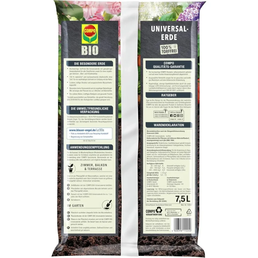 COMPO BIO Universal-Erde, torffrei, 7,5 Liter, ideal für gesundes Pflanzenwachstum in jedem Garten oder Balkon.
