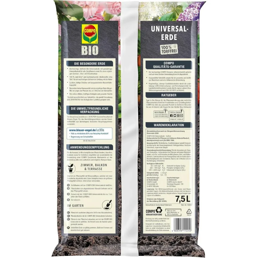COMPO BIO Universal-Erde, torffrei, 7,5 Liter, fördert gesundes Pflanzenwachstum und ist ideal für nachhaltige Gartenprojekte.