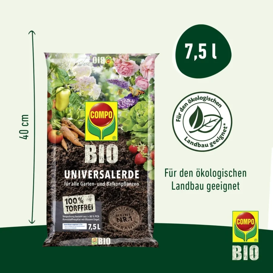 COMPO BIO Universal Erde torffrei, 7,5 Liter, ideal für gesundes Pflanzenwachstum in Töpfen und Beeten.