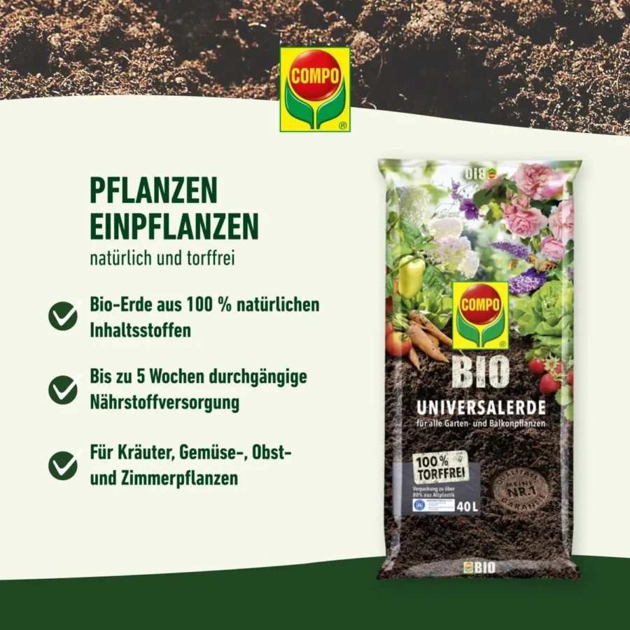 COMPO BIO Universal-Erde torffrei, 7,5 Liter, ideal für gesundes Pflanzenwachstum in Töpfen und Beeten.