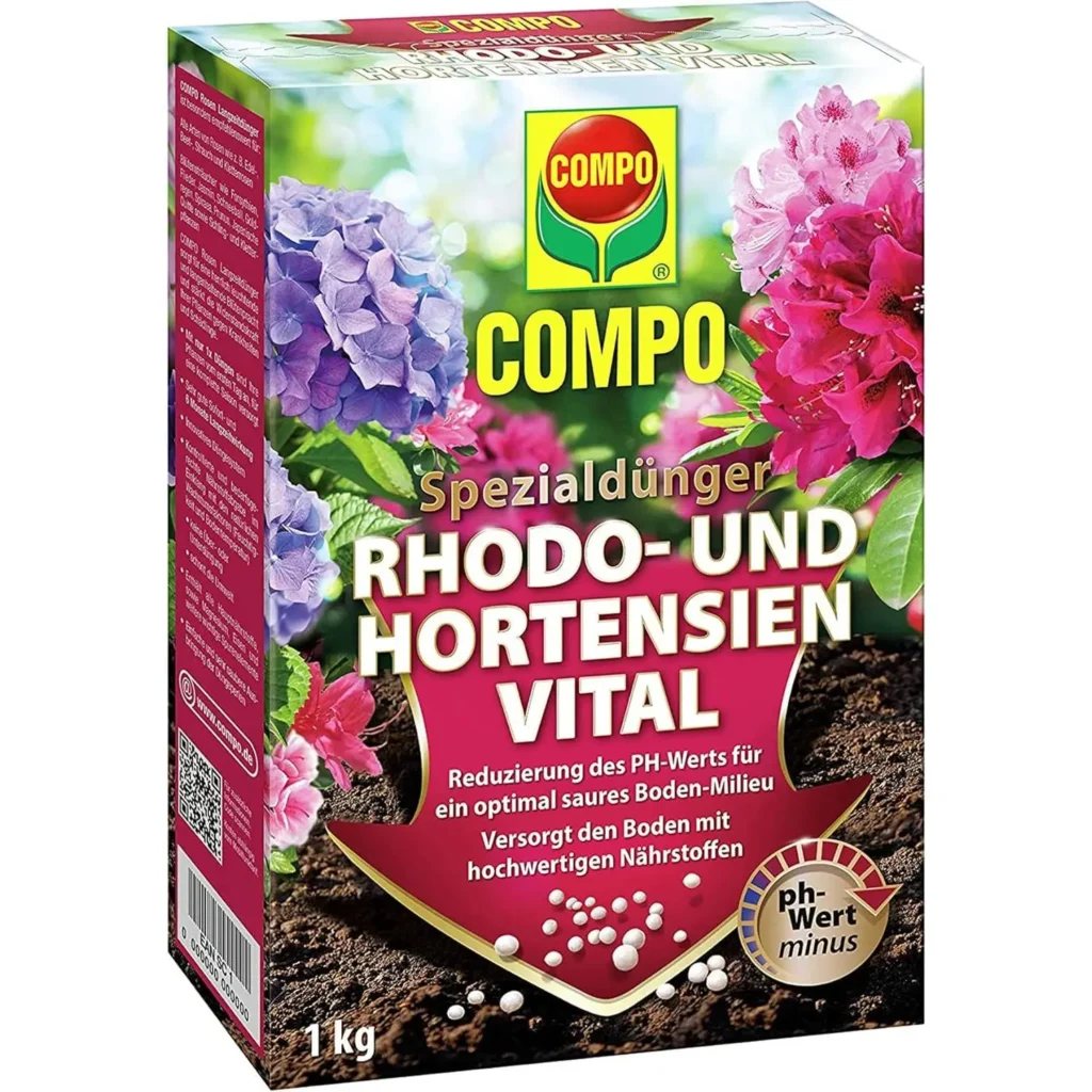 COMPO Rhododendron- und Hortensien-Vital, 1 kg, fördert üppiges Blühen und gesundes Wachstum für farbenfrohe Gartenarrangements.
