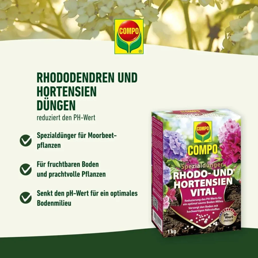 COMPO Rhodo- und Hortensien-Vital, 1 kg, fördert kräftiges Wachstum und Farbenpracht Ihrer Pflanzen, ideal für Gartenliebhaber.