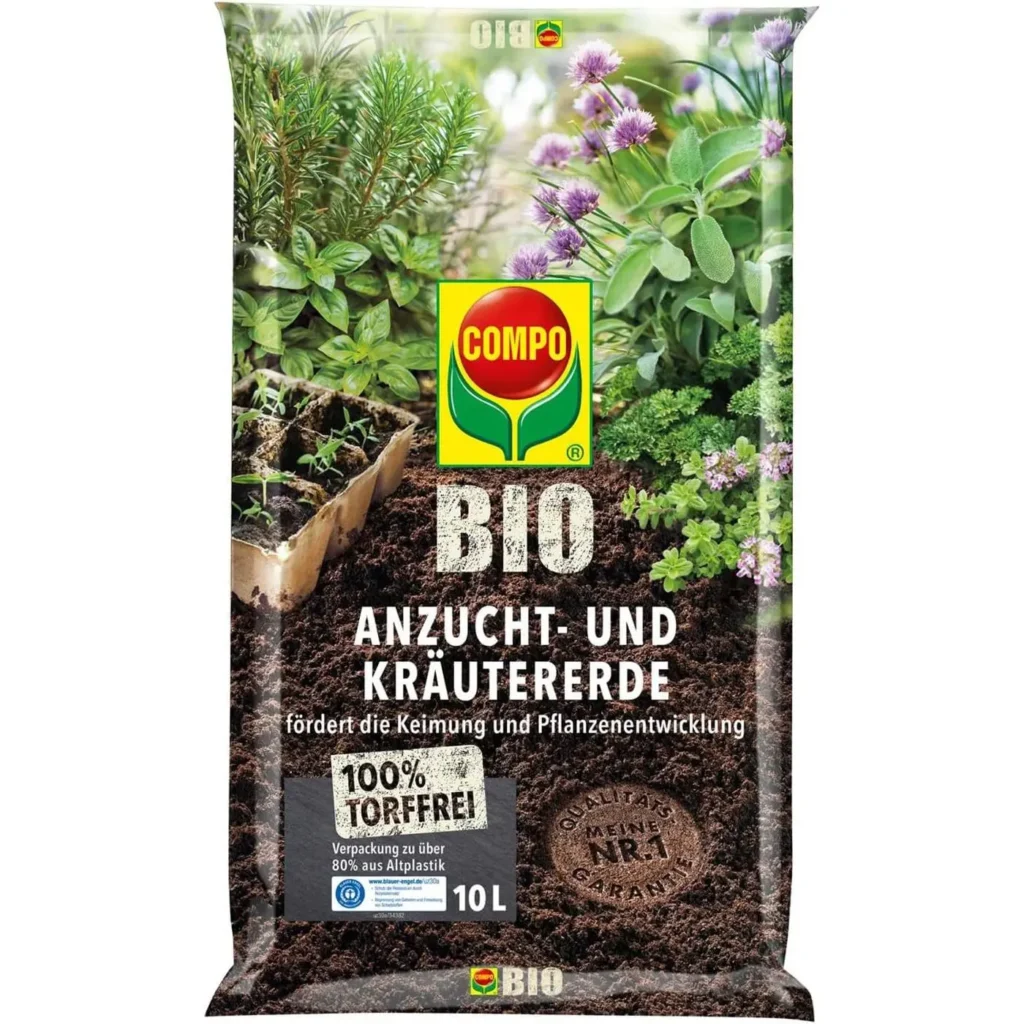 COMPO BIO Anzucht- und Kräutererde, torffrei, 10 Liter, ideal für nachhaltiges Pflanzenwachstum und gesunde Kräuter.