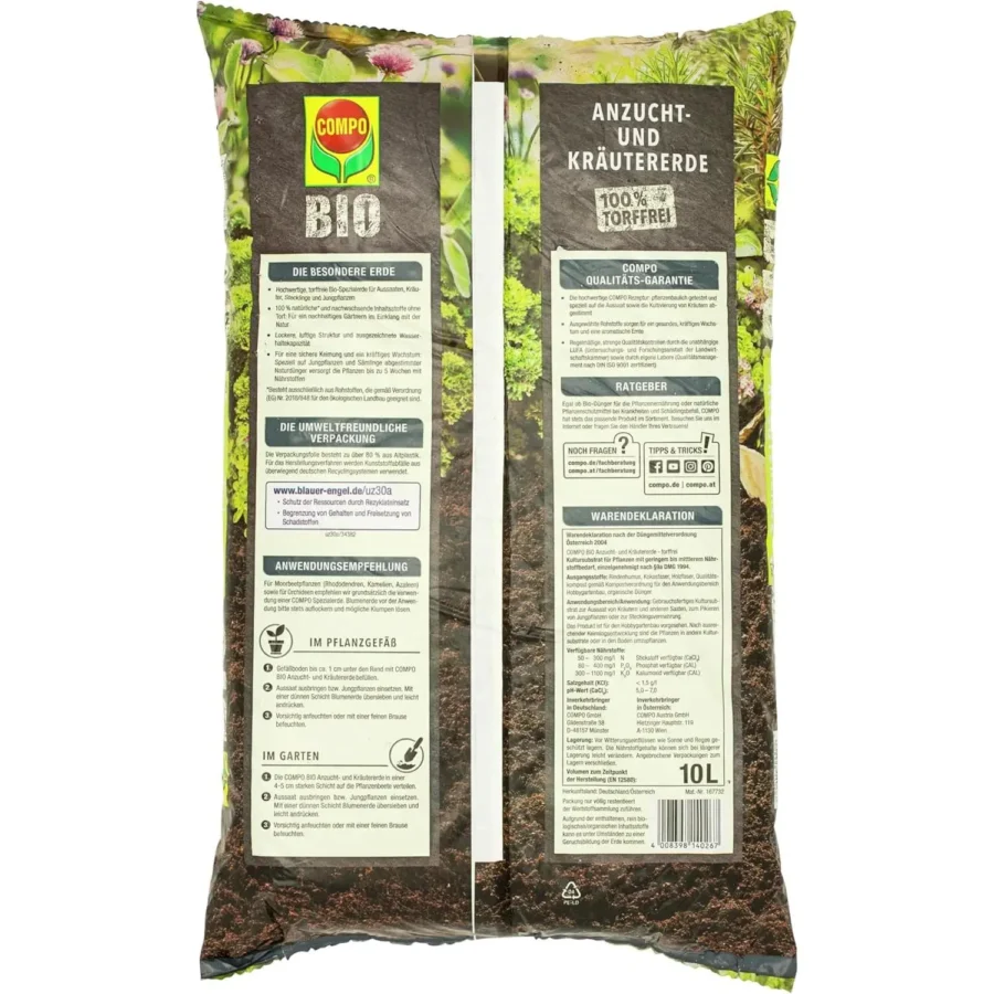 COMPO BIO Anzucht- und Kräutererde, torffrei, 10 Liter, ideal für gesundes Pflanzenwachstum und nachhaltige Anzucht.