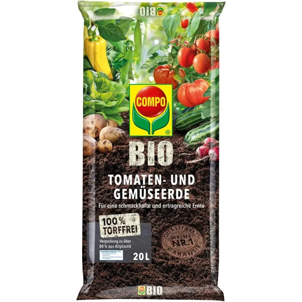 torffreie COMPO BIO Tomaten- und Gemüseerde, 20 Liter, ideal für gesundes Pflanzenwachstum im Garten oder Balkon.
