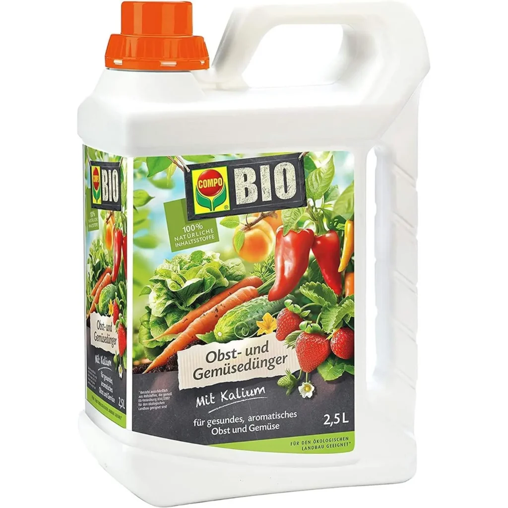 COMPO BIO Obst- und Gemüse Dünger, 2,5 Liter, fördert gesundes Pflanzenwachstum, ideal für biologischen Anbau.