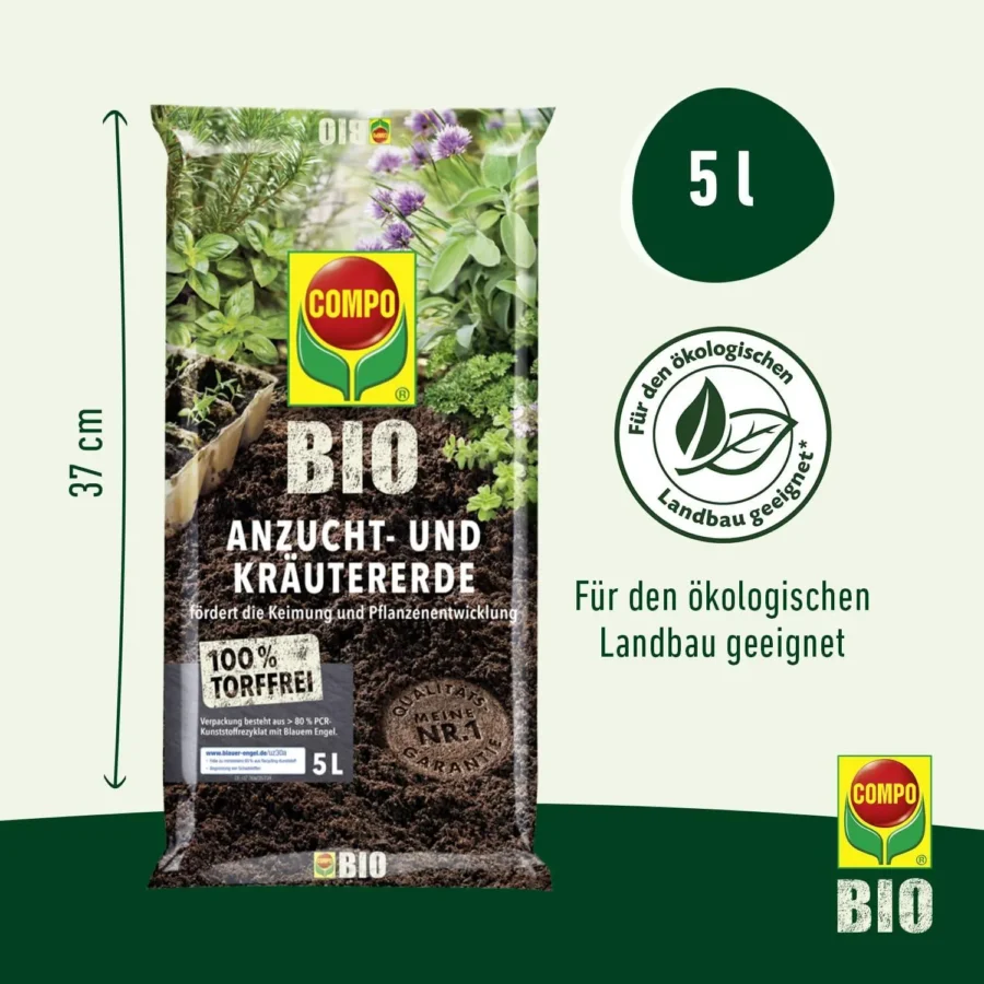 COMPO BIO Anzucht- und Kräutererde, torffrei, 5 Liter, ideal für gesundes, nachhaltiges Pflanzenwachstum.