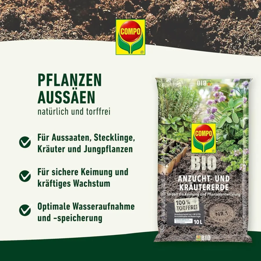 COMPO BIO Anzucht- und Kräutererde, torffrei, 5 Liter, ideal für gesunde Pflanzenanzucht und nachhaltiges Gärtnern.