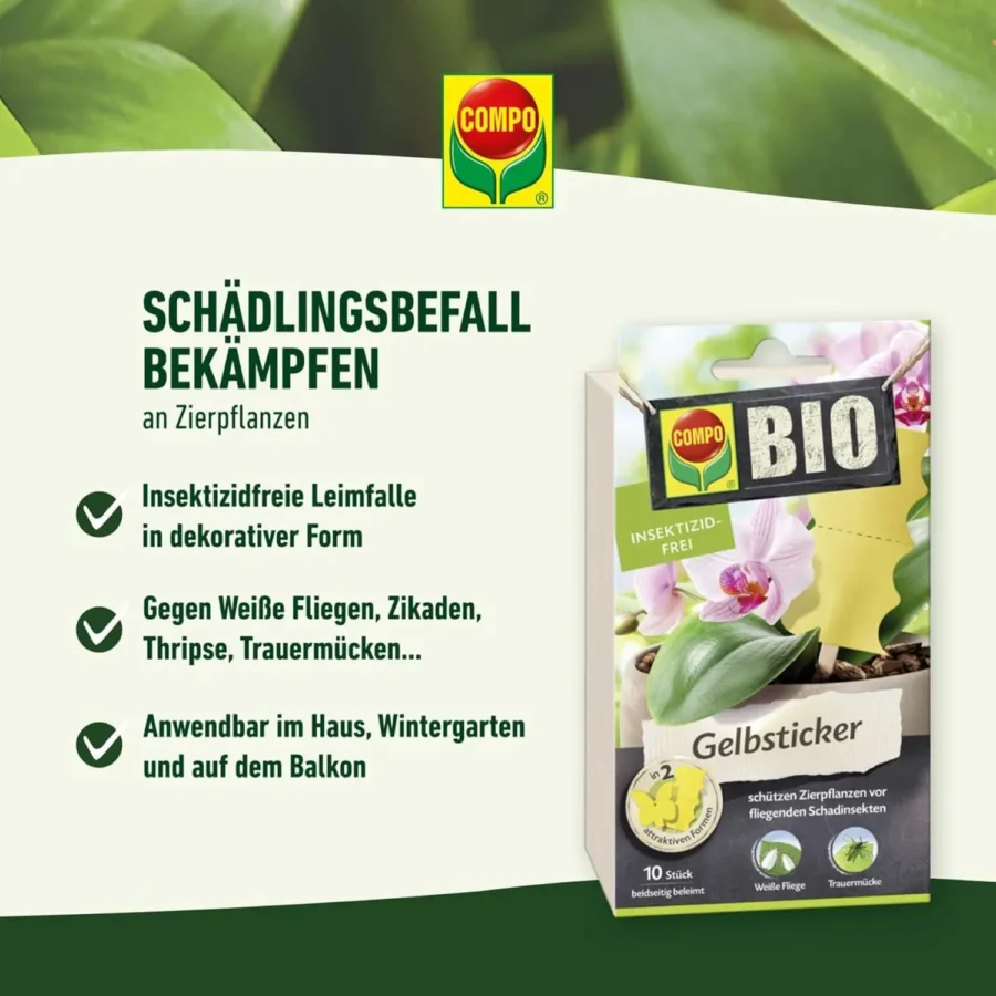 COMPO BIO Gelbsticker Leimfalle, insektizidfrei, effektiv gegen Schädlinge, ideal für den biologischen Gartenbau, 2 Stück.