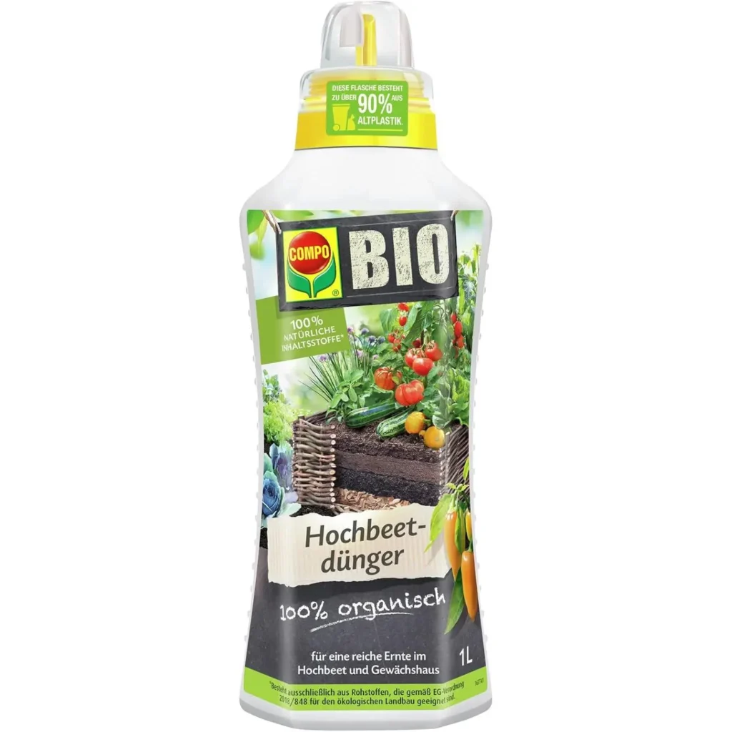 COMPO BIO Hochbeetdünger in 1 Liter Dosierflasche, ideal für biofreundliches Pflanzenwachstum, fördert gesunde Erträge im Hochbeet.