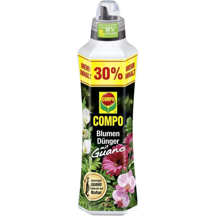 COMPO Blumendünger mit Guano, 1,3 Liter, für kräftige Pflanzen und lebendige Blüten, ideal für Blumenbeete und Kübelpflanzen.