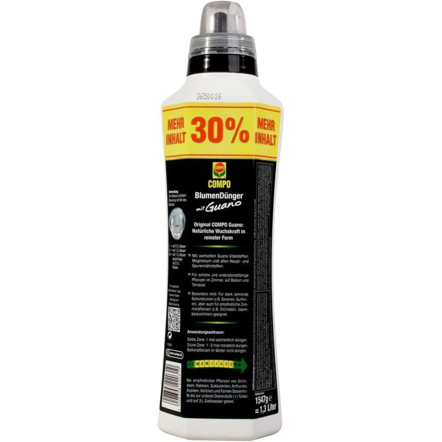 COMPO Blumendünger mit Guano, 1,3 Liter, fördert gesundes Pflanzenwachstum, ideal für blühende Balkon- und Zimmerpflanzen.