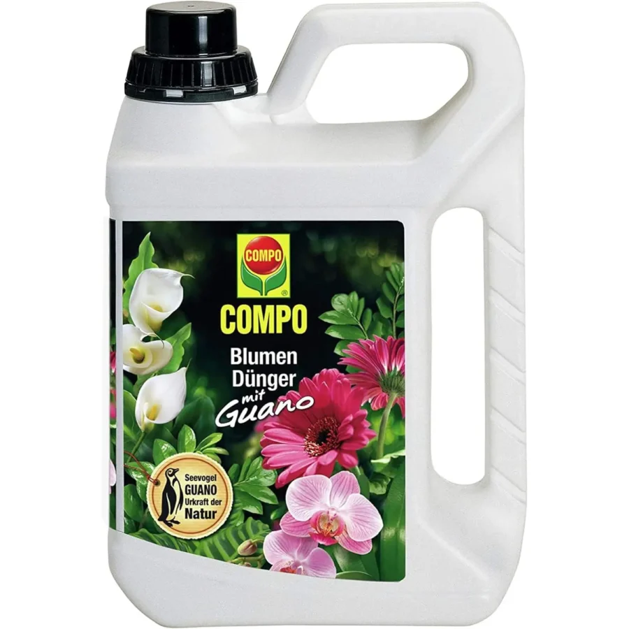 COMPO Blumendünger mit Guano, 2,5 Liter Kanister, ideal für kräftige Blütenpracht und gesundes Pflanzenwachstum.