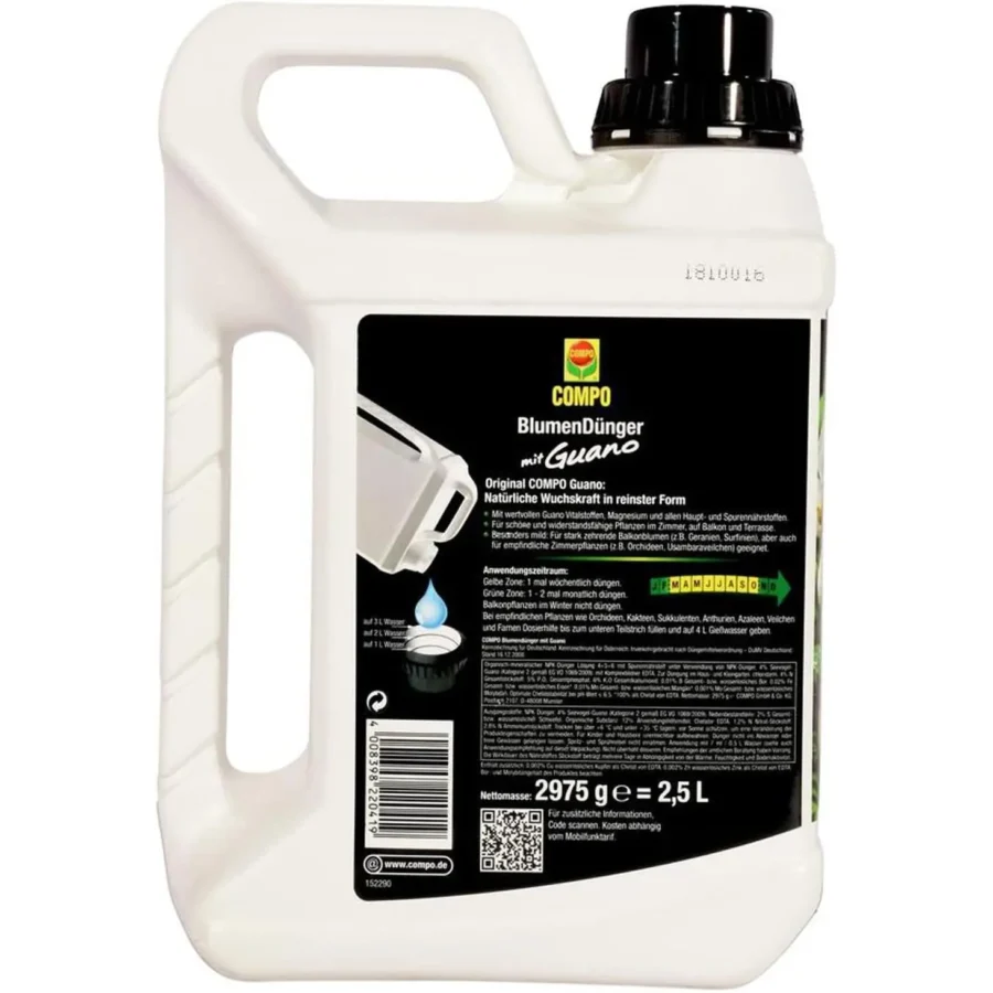 Blumendünger mit Guano, 2,5 Liter, nährstoffreich für gesundes Pflanzenwachstum in Töpfen und Beeten – ideal für blühende Pflanzen.