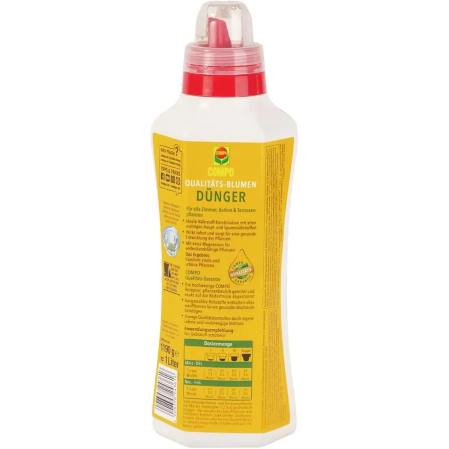 COMPO Qualitäts-Blumendünger, 1 Liter Dosierflasche, ideal für prächtige Blumen, fördert gesundes Wachstum und Blütenpracht.