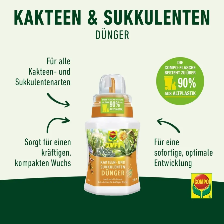 COMPO Kakteen- und Sukkulentendünger, 250 ml Dosierflasche, ideal für gesunde, prächtige Pflanzen in trockenen Klimazonen.