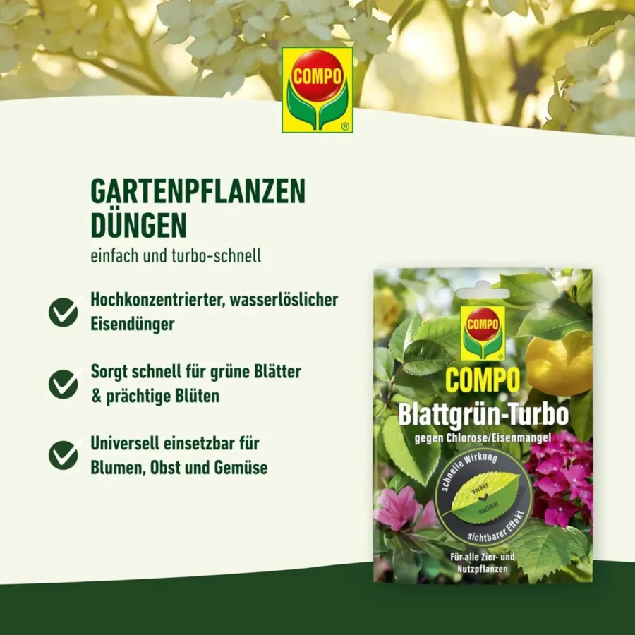 COMPO Blattgrün Turbo Minibeutel, 20 g, ideal für gesunde Pflanzenpflege, fördert kräftiges Wachstum und Vitalität.