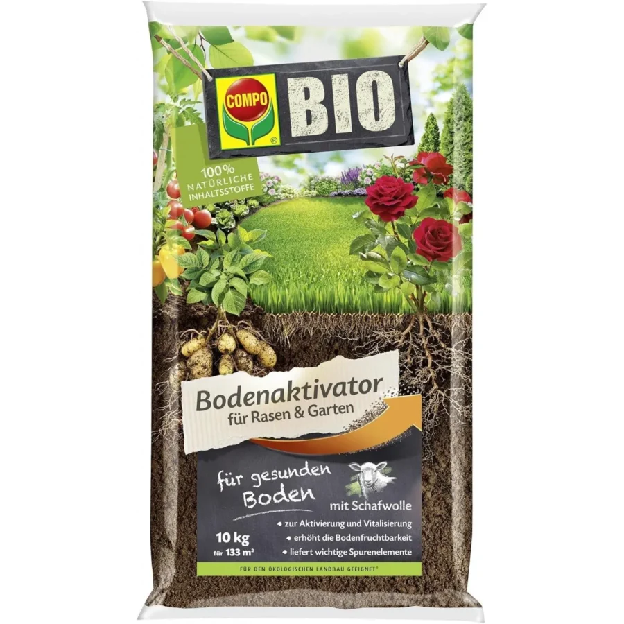 COMPO BIO Bodenaktivator für Rasen, 10 kg, fördert gesundes Wachstum, ideal für strapazierte Rasenflächen.