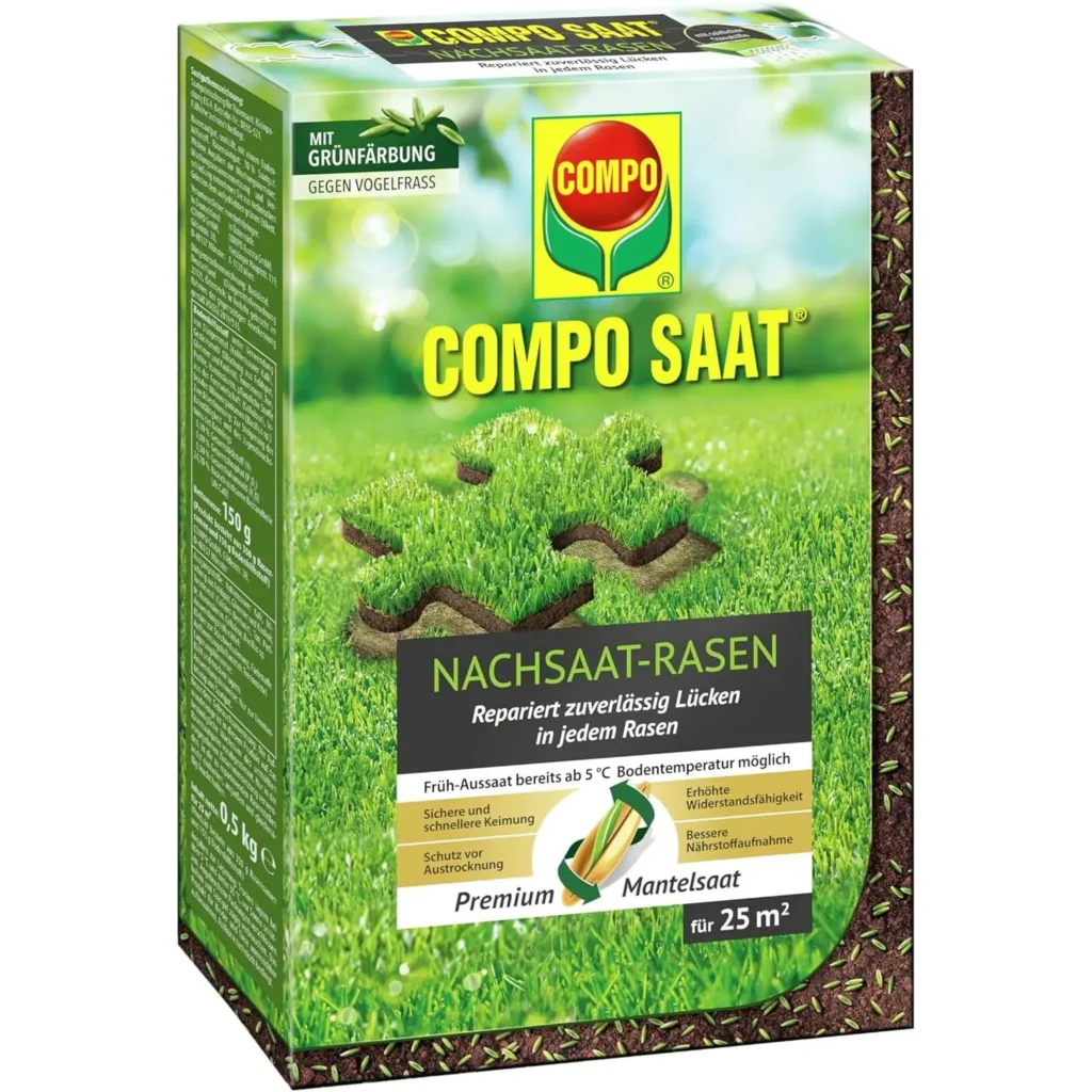 COMPO SAAT Nachsaat-Rasen 500 g für 25 qm, optimal für dichten, grünen Rasen leicht und schnell.