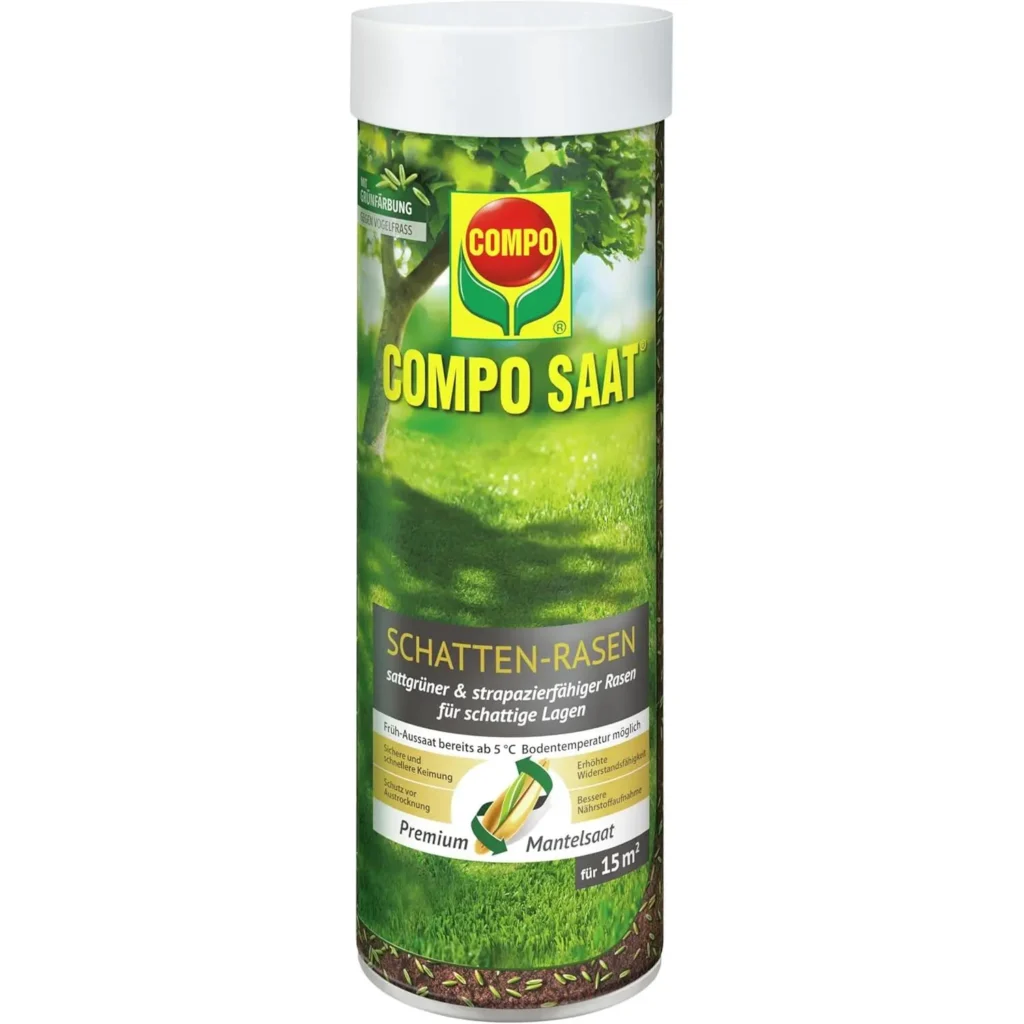 Schattentoleranter Rasenmix von COMPO, 300 g für 15 qm, ideal für trockene und schattige Gartenbereiche.