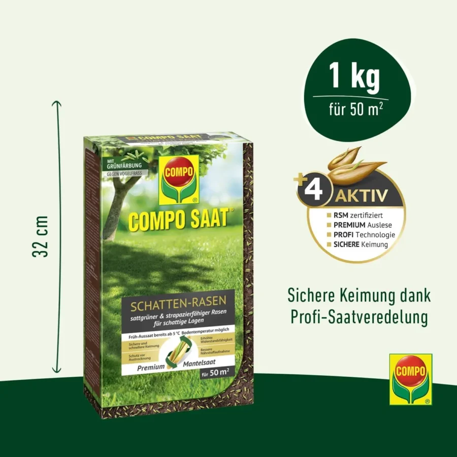 Schattenrasen-Samen von COMPO, 1 kg für 50 qm, ideal für schattige Gartenbereiche, robust und pflegeleicht.