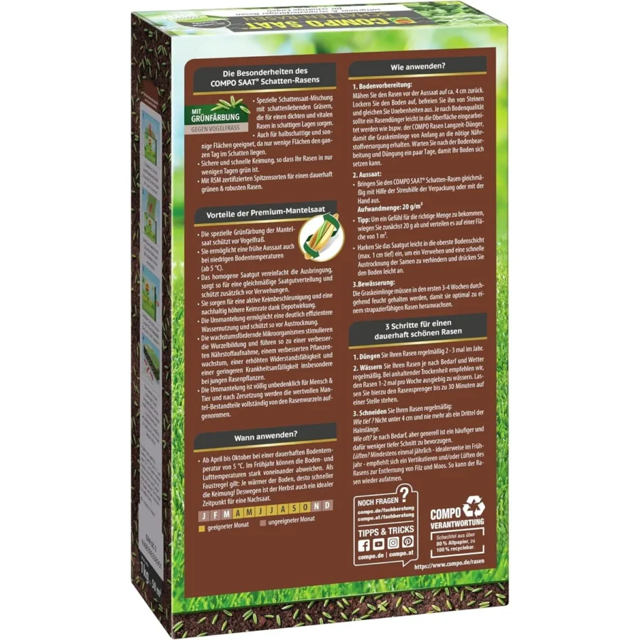 Schattenrasen von COMPO SAAT, 1 kg für 50 qm, ideal für schattige Gärten und strapazierfähigen Rasen, sorgt für eine dichte, grüne Fläche.