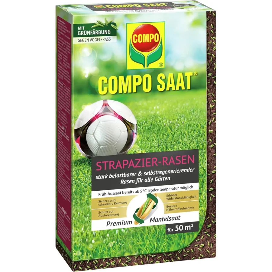 Strapazier-Rasen von COMPO SAAT, 1 kg für 50 qm, ideal für robuste, grüne Gärten und pflegeleichte Rasenflächen.