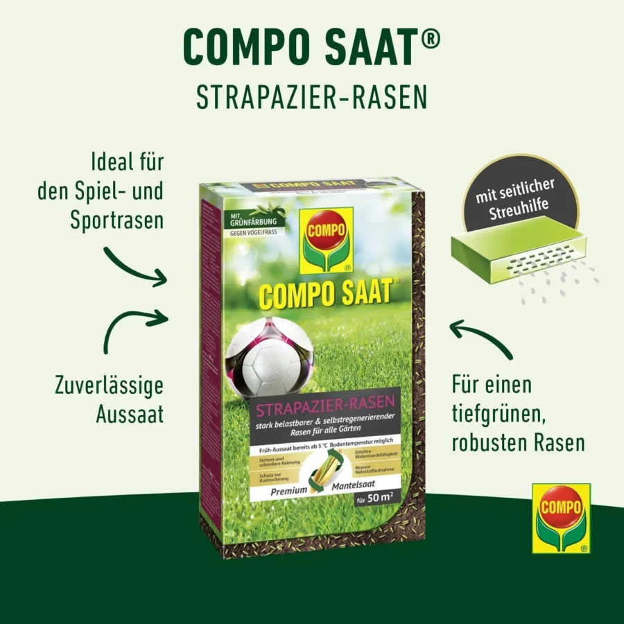Strapazier-Rasen für belastbare Flächen, 1 kg für 50 qm, ideal für gesunde und grüne Gärten.