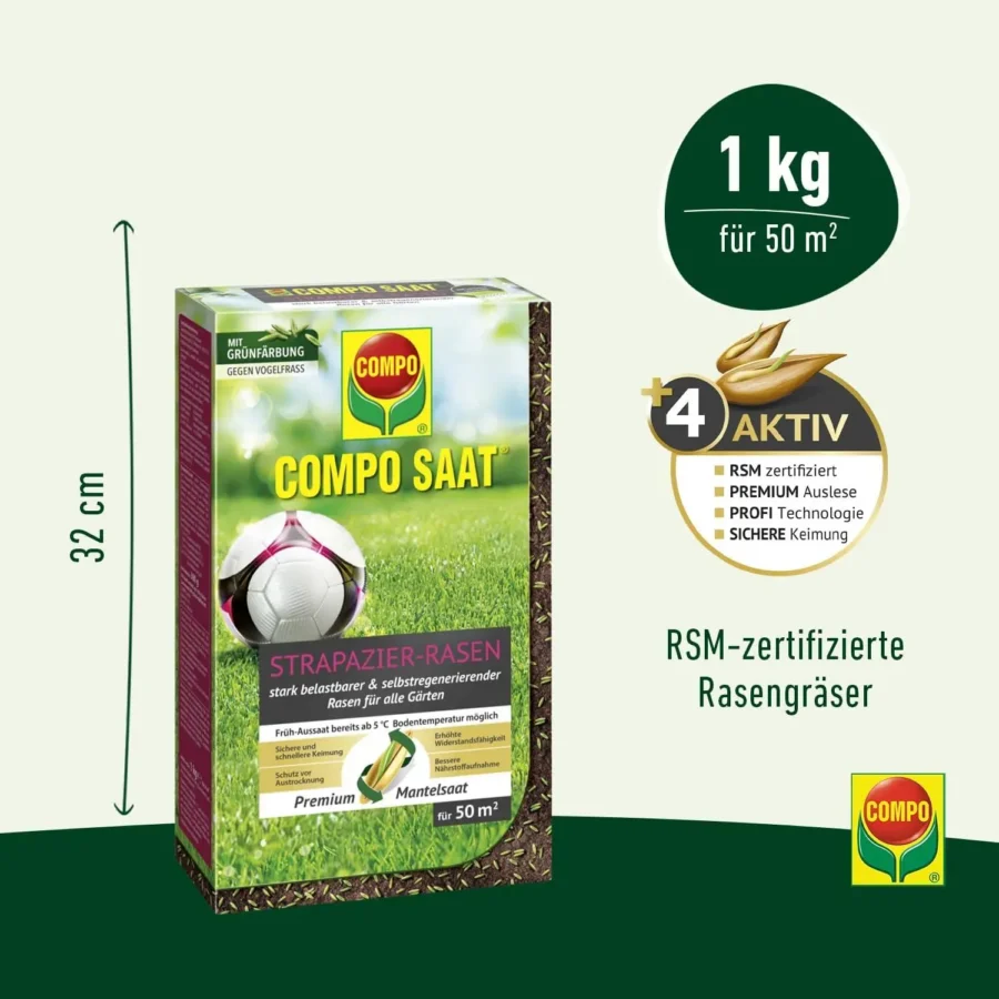 Strapazier-Rasen von COMPO SAAT, 1 kg für 50 qm, ideal für robuste Rasenflächen, pflegeleicht und widerstandsfähig.