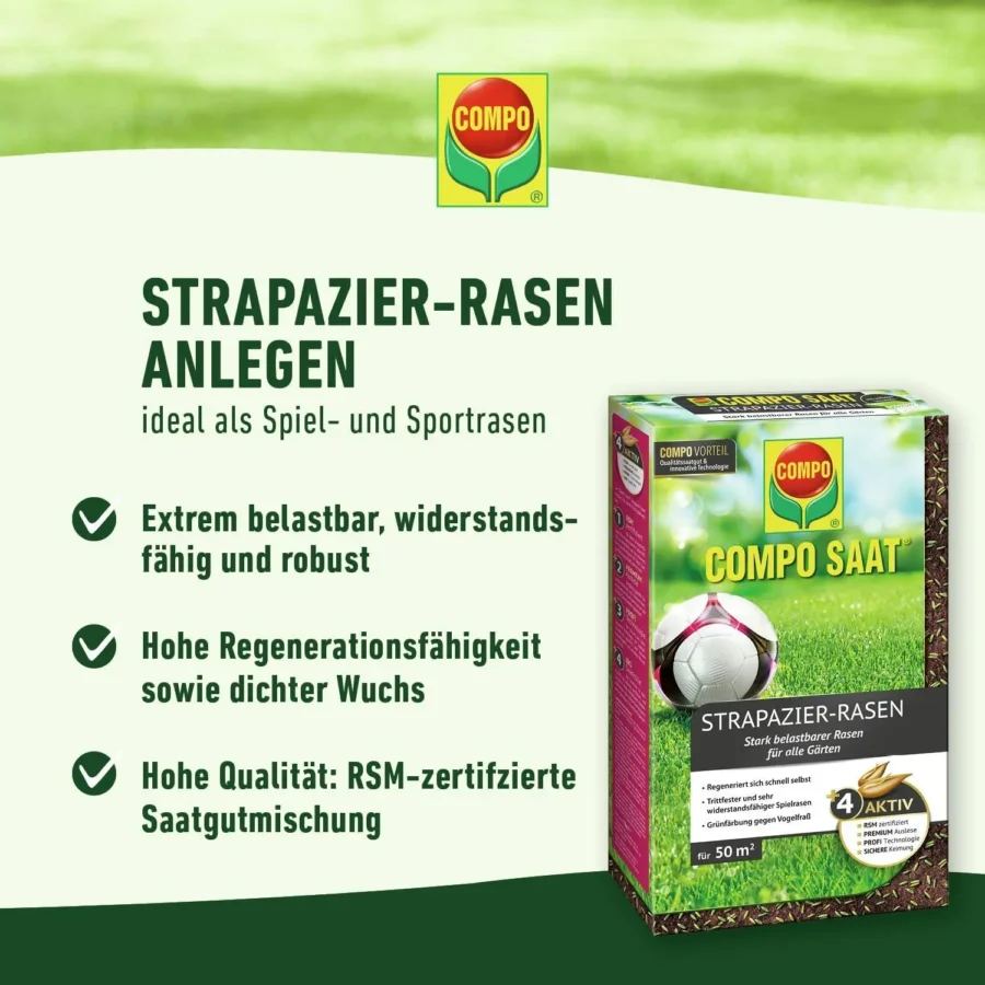 Strapazierfähiger Rasen von COMPO SAAT, 1 kg für 50 qm, ideal für pflegeleichte Gärten mit hoher Belastbarkeit.