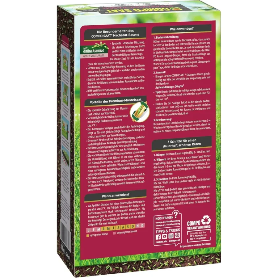 COMPO SAAT Strapazier-Rasen, 1 kg für 50 qm, ideal für robuste, grüne Rasenflächen, pflegeleicht und langlebig.