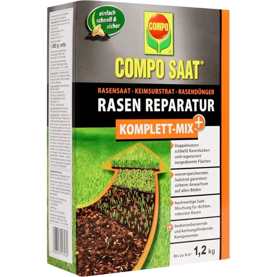 Rasen-Reparatur Komplett-Mix 1-2 kg für 6 qm, ideal für schnelle Regeneration von stark beanspruchtem Rasen.