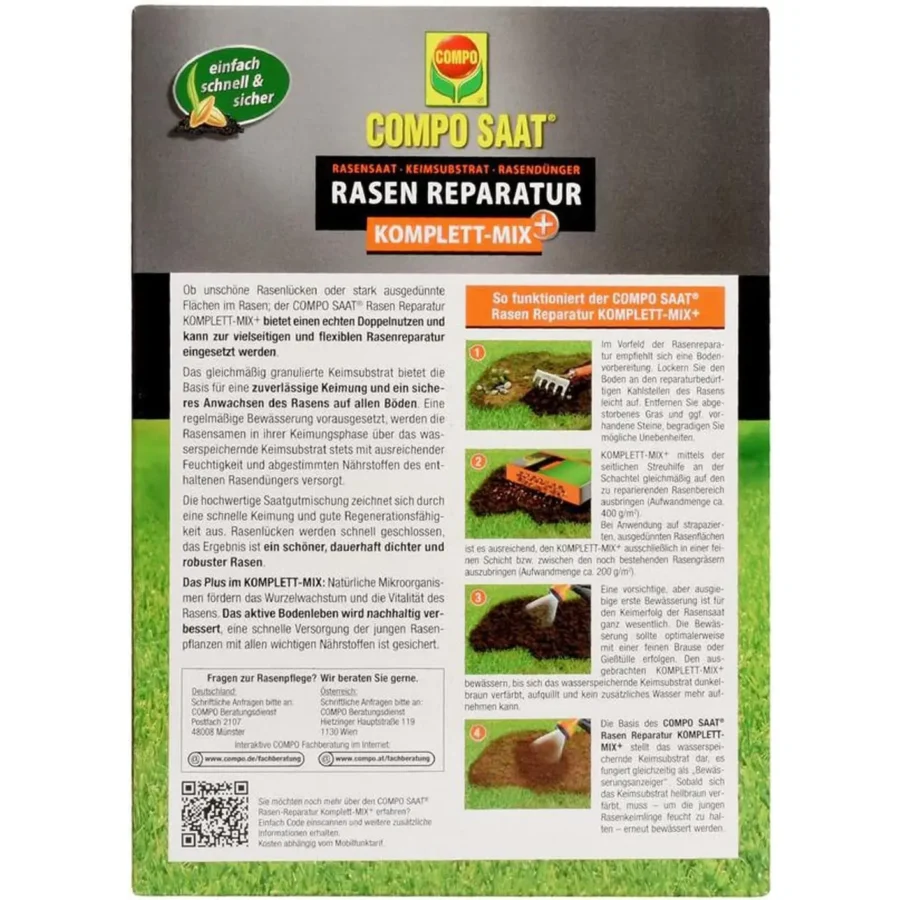 Rasen Reparatur Komplett Mix für 6 qm, 1,2 kg, ideal zur schnellen Regeneration von kahlen Stellen im Garten.