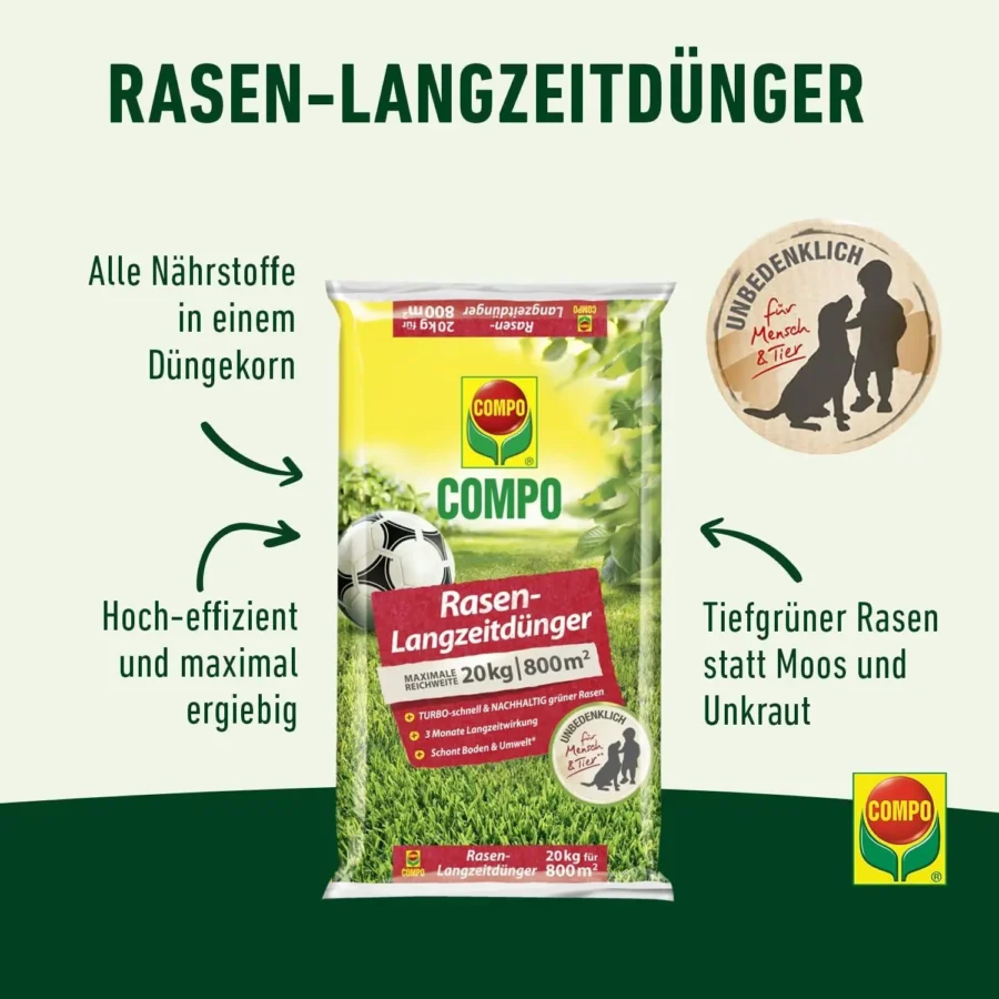COMPO Rasen-Langzeitdünger, 20 kg für 800 qm, fördert grünen, gesunden Rasenwachstum – ideal für langfristige Pflege und Nährstoffversorgung.