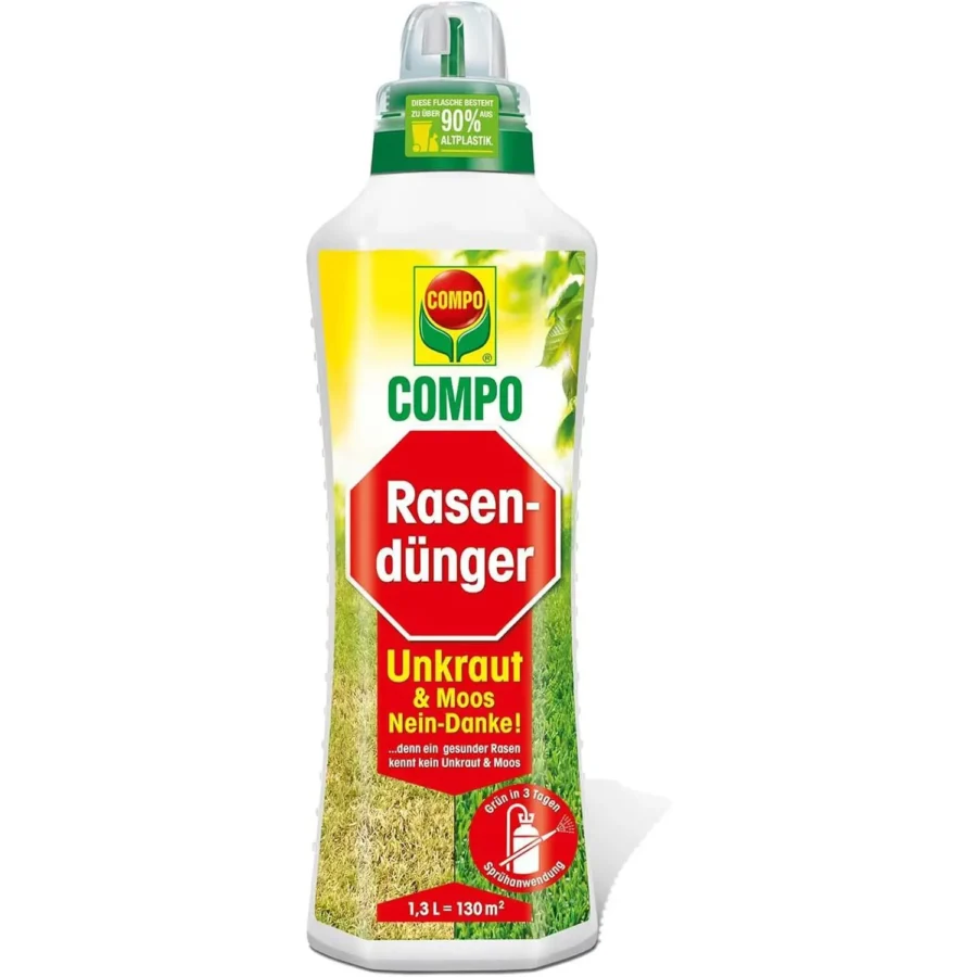 COMPO Rasendünger gegen Unkraut und Moos, 1,3 Liter, ideal für einen gesunden und gepflegten Rasen, fördert starkes Wachstum und hat eine Langzeitwirkung.