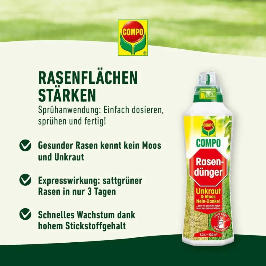 COMPO Rasendünger gegen Unkraut und Moos, 1,3 Liter, ideal für einen gesunden und grünen Rasen ohne Moosbewuchs.