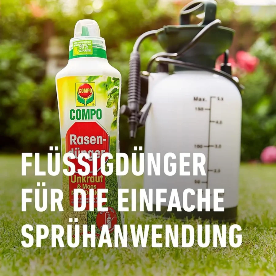 COMPO Rasendünger gegen Unkraut und Moos, 1,3 Liter, ideal für einen gesunden, grünen Rasen ohne Unkrautbefall.