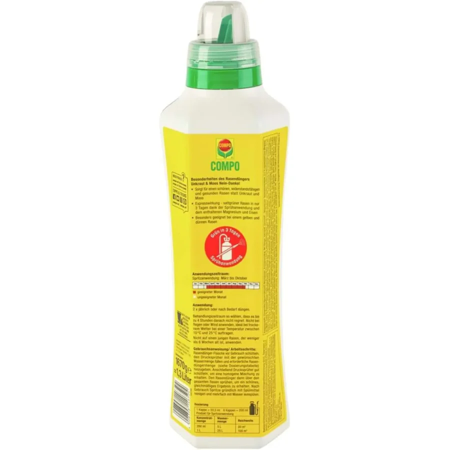 COMPO Rasendünger gegen Unkraut und Moos, 1,3 Liter, ideal für gesunden, grünen Rasen ohne lästige Unkräuter.