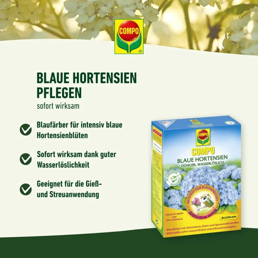 COMPO Spezialdünger für blaue Hortensien, 800 g, ideal für prächtige Blütenpracht und gesundes Pflanzenwachstum.