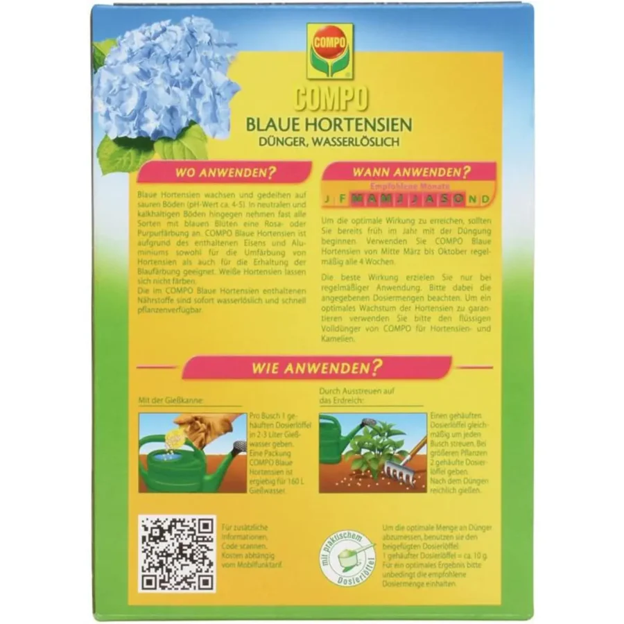 COMPO Spezialdünger für blaue Hortensien, 800 g, fördert prachtvolle Blüten und intensives Blau, ideal für Balkon und Garten.