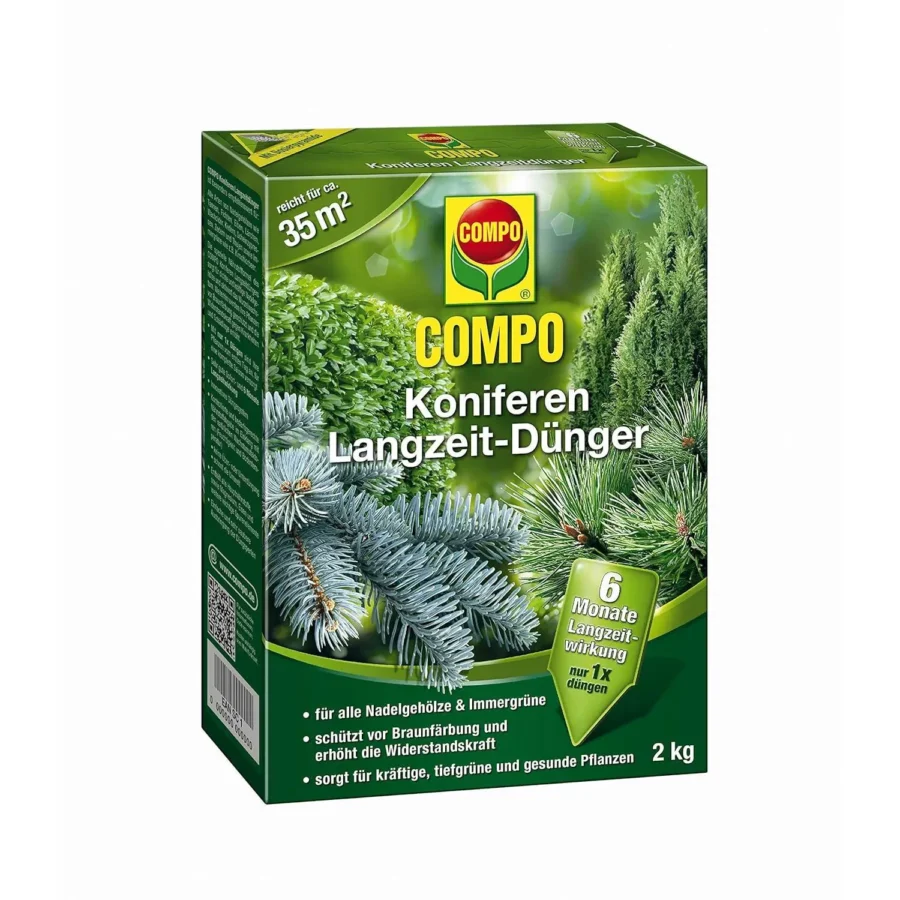 COMPO Koniferen Langzeit-Dünger, 850 g, fördert kräftige Pflanzen und gesunde Farben – ideal für Ihre Gartenkoniferen.