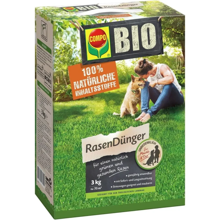 COMPO BIO Rasendünger, 3 kg für 75 m², fördert gesundes Graswachstum, ideal für Ihren grünen Rasen.
