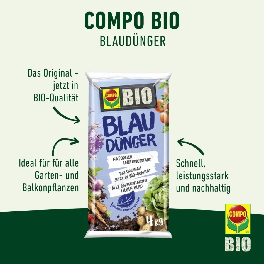 Blaudünger 4 kg von COMPO BIO, organischer Dünger für kräftige Pflanzen, ideal für gesunde Gartenpflege.