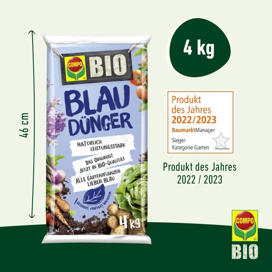 COMPO BIO Blaudünger, 4 kg, organischer Dünger für gesunde Pflanzen, ideal für Gemüse und Obst im Garten.