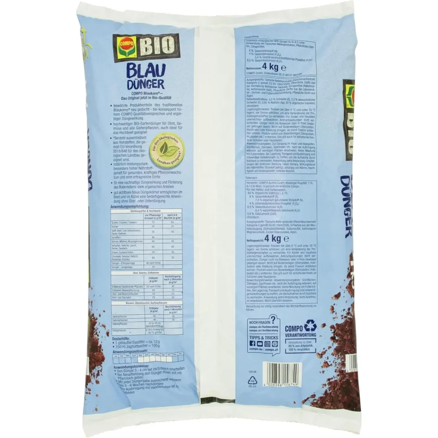 COMPO BIO Blaudünger 4 kg, organischer NPK-Dünger für kräftige Pflanzen und gesunde Erträge, ideal für biologischen Gartenbau.