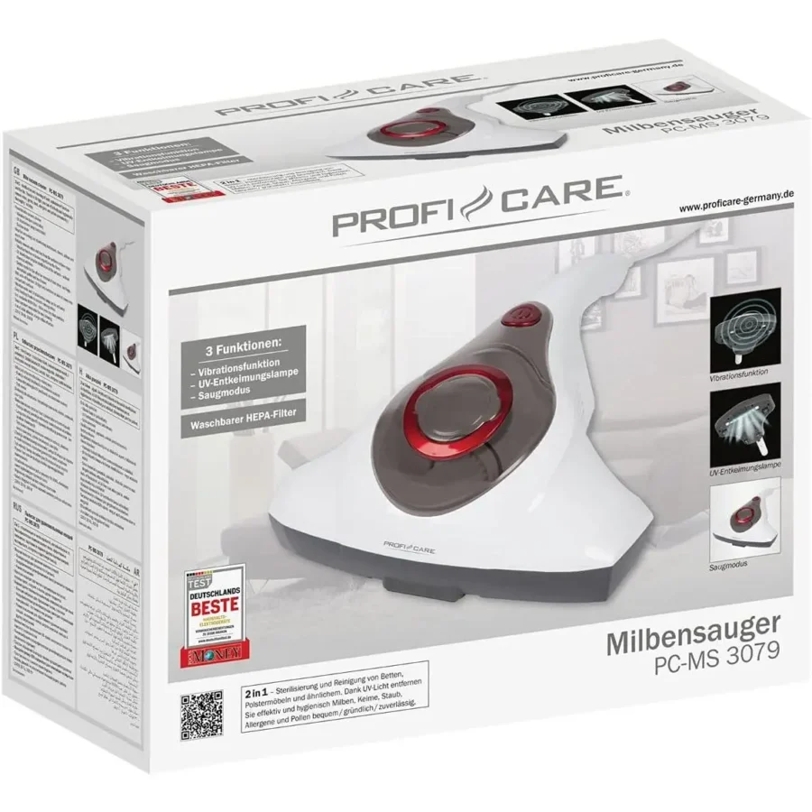ProfiCare Milbensauger PC-MS-3079 in elegantem Weiß, leistungsstark gegen Hausstaubmilben, ideal für allergiegeplagte Haushalte.