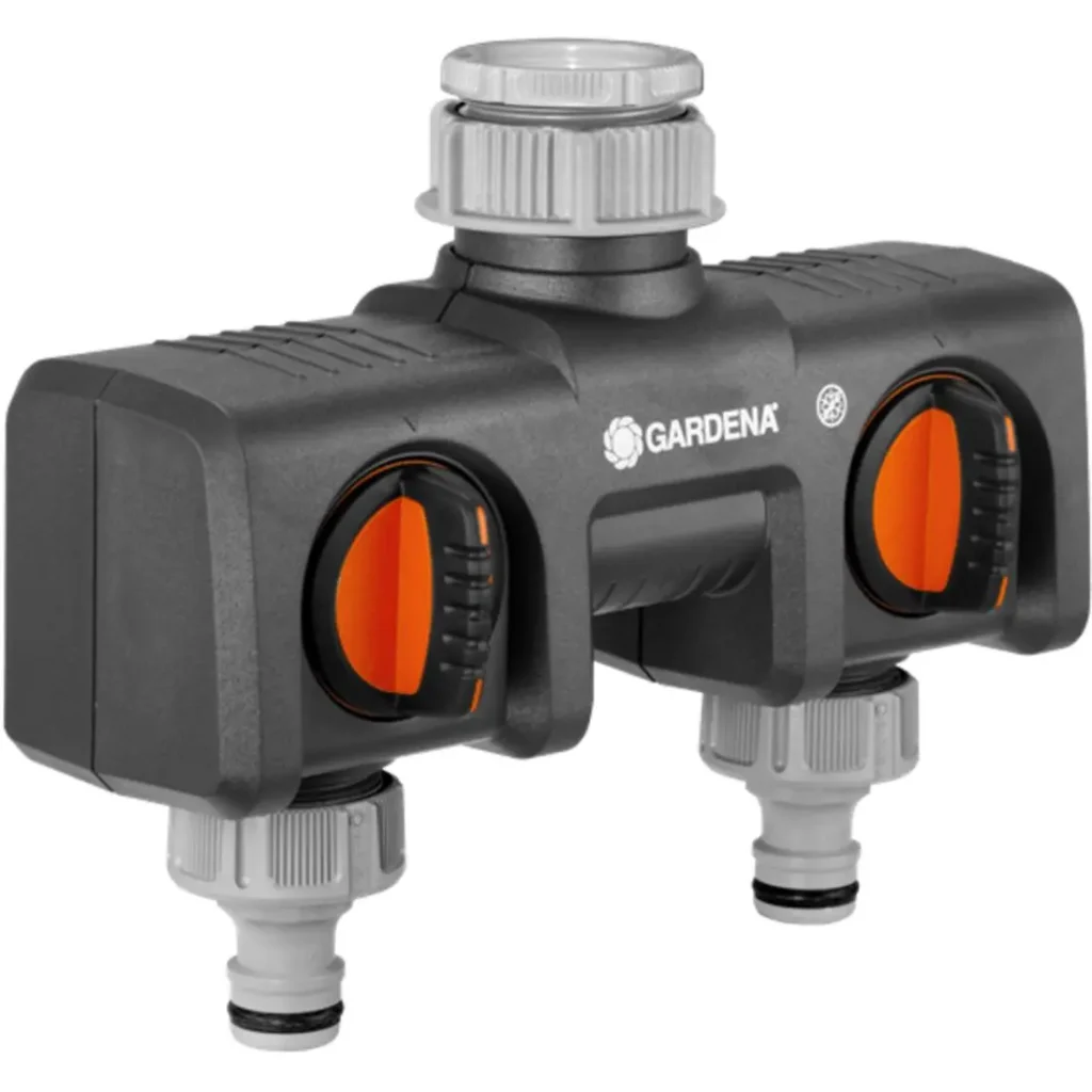 Gardena 2-Wege-Verteiler für effiziente Bewässerung, robustes Material, kompakt und einfach zu installieren, ideal für Gärten und Balkone.